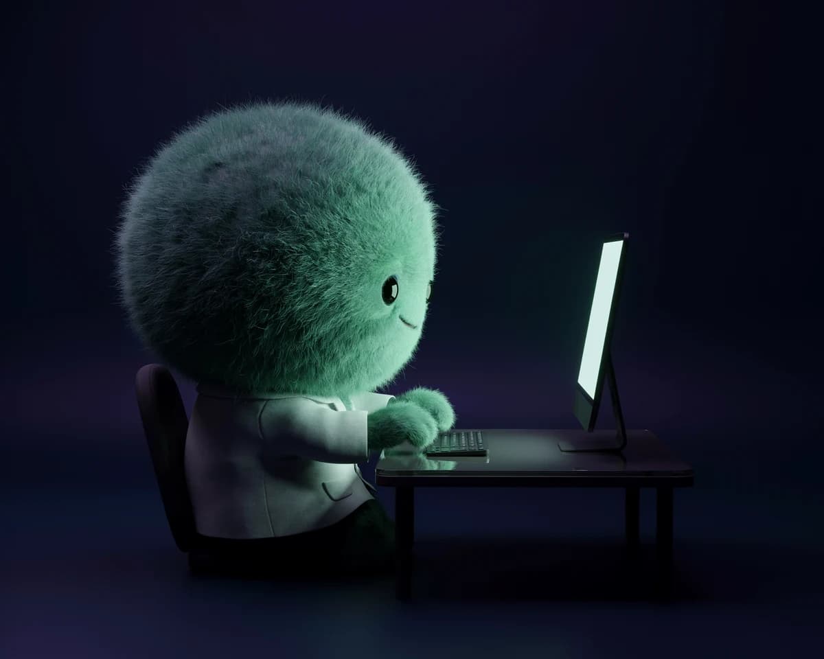 A fuzzy mint-green scientist in a lab coat working at a desktop computer.